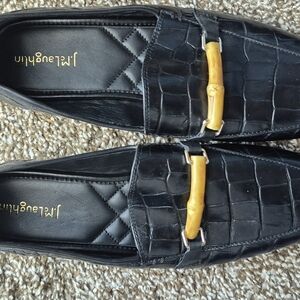 J. McLaughlin Black Croc-Embossed Loafers with Gold Accent
